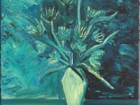 Toile bouquet de fleurs sur fonds bleu CLAIRTEAU Pascal L33 H41