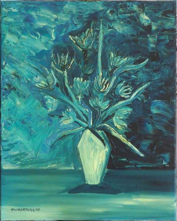 Toile bouquet de fleurs sur fonds bleu CLAIRTEAU Pascal L33 H41