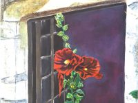Tableau rose tremiere fond noir MJS  L46 H61