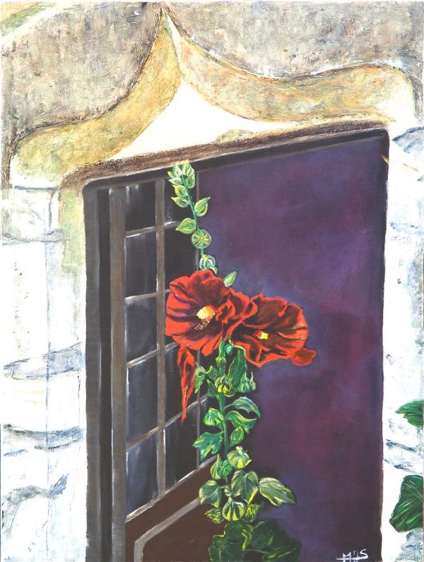 Tableau rose tremiere fond noir MJS  L46 H61