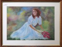 jeune fille au bouquet cadre bois et doré Atelier Gourville  L43 H32