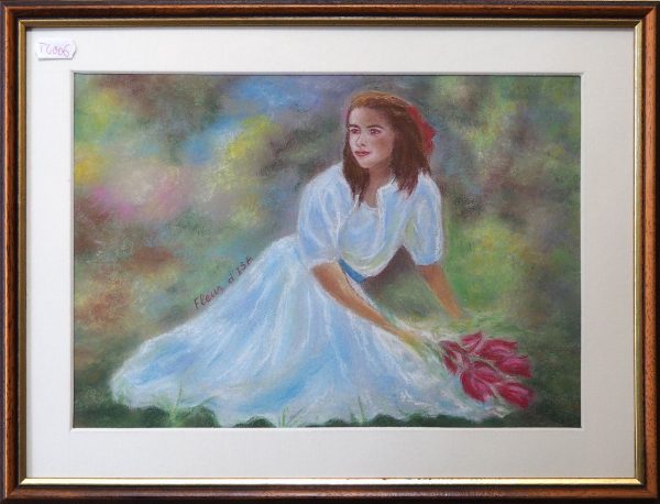 jeune fille au bouquet cadre bois et doré Atelier Gourville  L43 H32