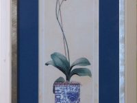 Orchidée rose fond bleu encadrée anonyme  L20 H30