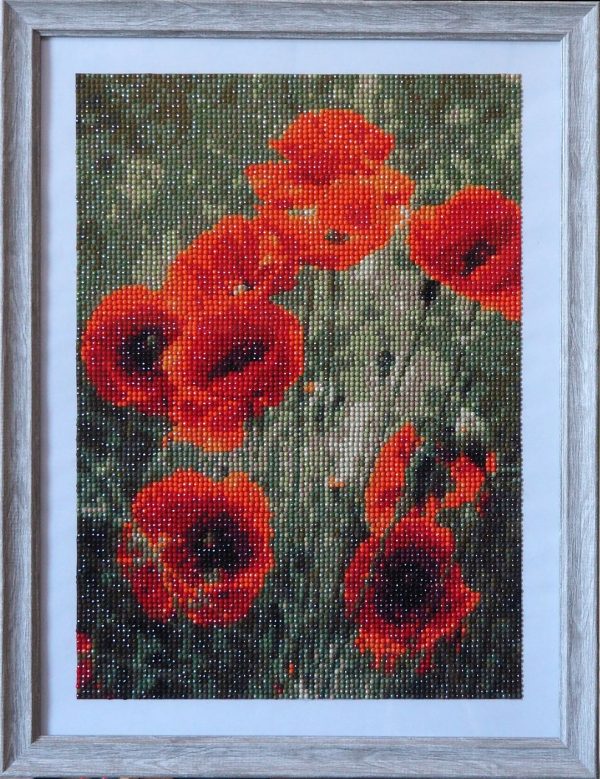 coquelicots en perles cadre gris Atelier Gourville Michèle L33 H43