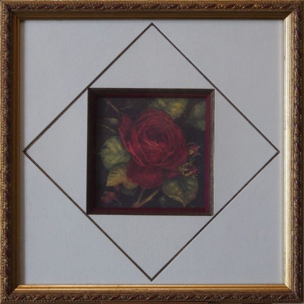 Cadre doré losange "rose rouge" anonyme  L25 H25