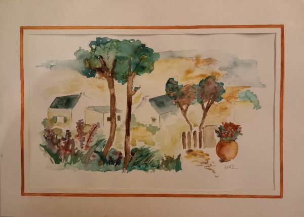 aquarelle maison et pins anonyme  L60 H43